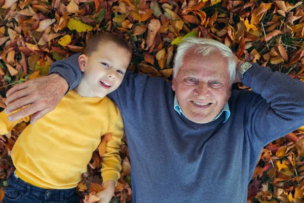 Porträt des glücklichen netten Großvaters und Enkels mit Herbstblättern Hintergrund. — Stockfoto