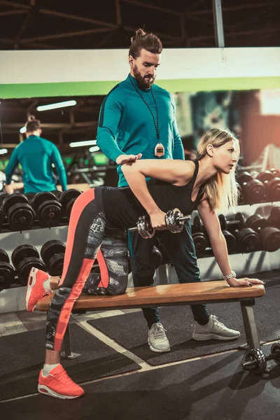 Personal Trainer Helping Woman Workout Heavy Dumbbell — Stock Photo, Image