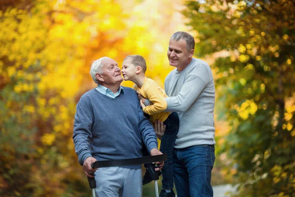 Abuelo Anciano Hijo Adulto Nieto Pequeño Caminando Parque Otoño —  Fotos de Stock