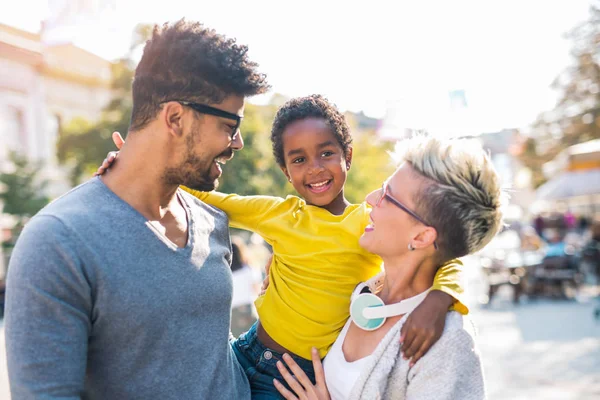 Happy Young Mixed Race Couple Having Fun Little Daughter — Stock Photo, Image