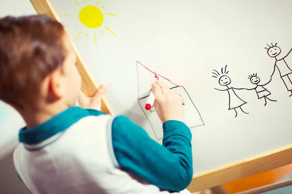 Cute Little Boy Drawing White Board Felt Pen Early Education — Stock Photo, Image
