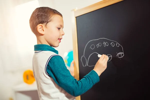 Childish Scribbles Little Boy Drawing Chalk Blackboard — Stock Photo, Image