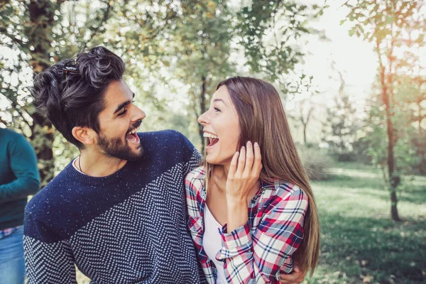 Happy Couple Love Having Fun Outdoors Summer Park — Stock Photo, Image