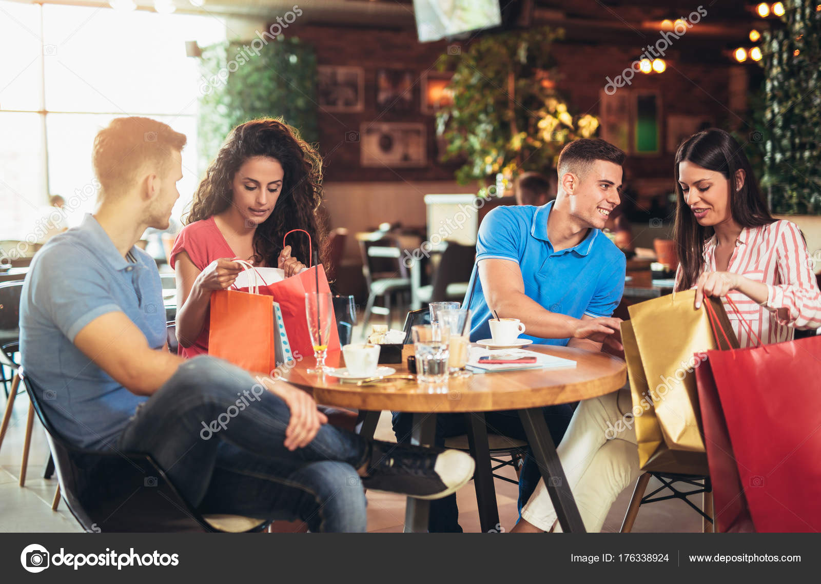 Group Happy Young People Meeting Cafe Shopping — Stock ...
