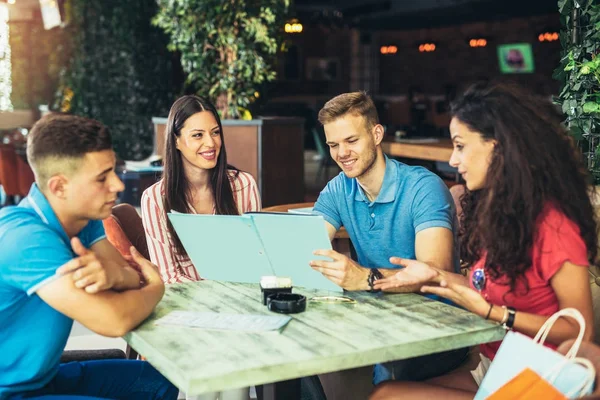 Group Happy Young People Meeting Cafe Looking Menu — Stock Photo, Image