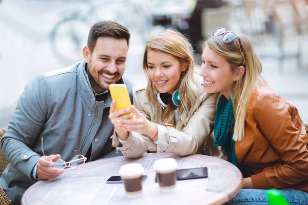 Group Three Happy Friends Using Smartphone Cafe — Stock Photo, Image