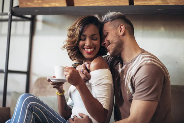 Two Happy Mixed Race Couple Having Fun Coffee Shop — Stock Photo, Image