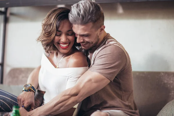 Happy Mixed Race Couple Having Fun Coffee Shop — Stock Photo, Image