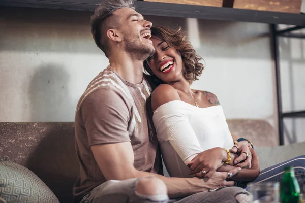 Happy Mixed Race Couple Having Fun Coffee Shop — Stock Photo, Image