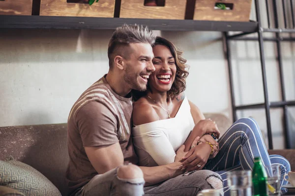 Happy Mixed Race Couple Having Fun Coffee Shop — Stock Photo, Image