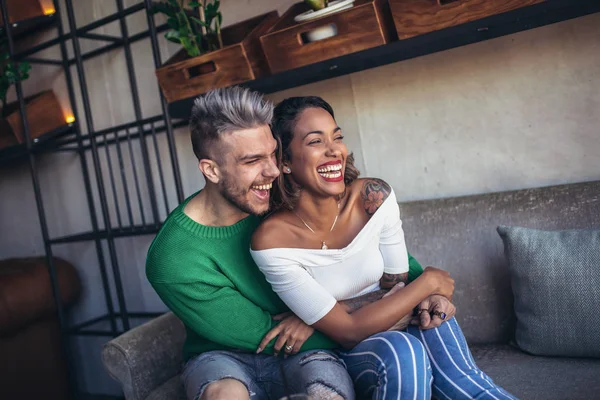 Two Happy Mixed Race Couple Having Fun Laughing Sitting Table — Stock Photo, Image