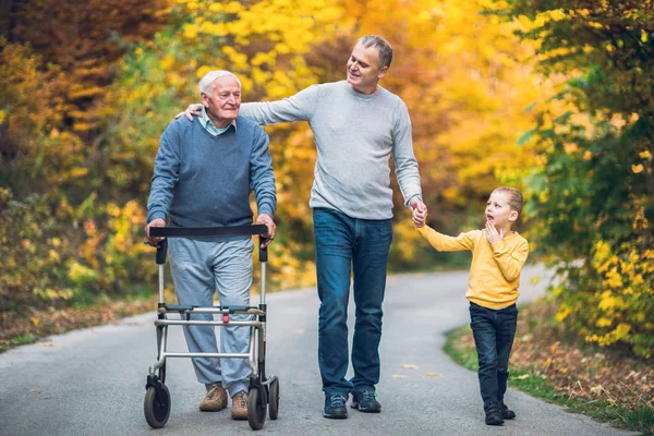 Père Âgé Fils Adulte Petit Fils Sortent Pour Une Promenade — Photo