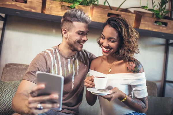 Happy Couple Using Digital Tablets While Sitting Cafe Make Selfie — Stock Photo, Image