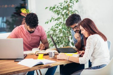 Sınavlara hazırlanan çok ırklı genç öğrencilerden oluşan bir grup..