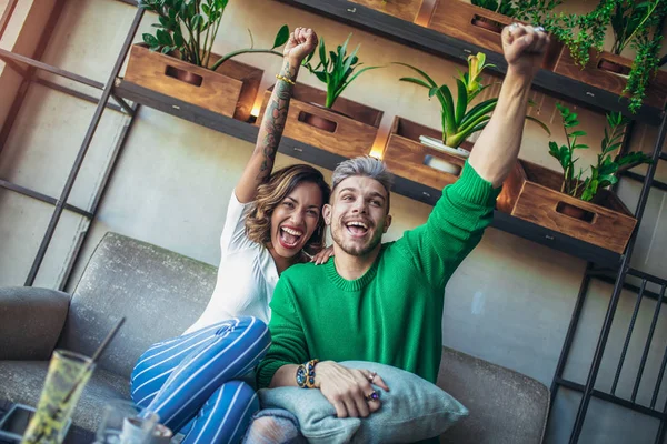 Modern Couple Cafe Looking Excited Happy — Stock Photo, Image