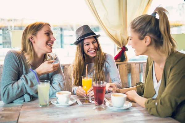 Vrouwelijke Vrienden Chatten Een Grapje Koffie Sap Drinken Café — Stockfoto