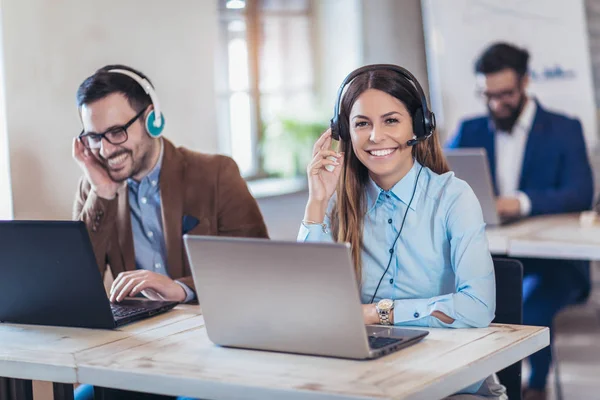Portrait Happy Smiling Support Phone Operators Workplace — Stock Photo, Image