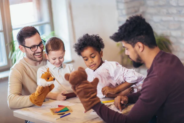 Two Fathers Children Having Fun While Playing Hand Toys Desk — Stock Photo, Image