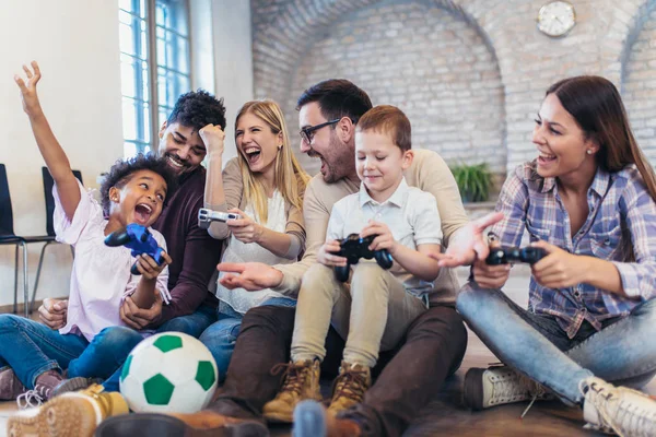 Two Mixed Race Couple Play Video Games Children Having Fun — Stock Photo, Image