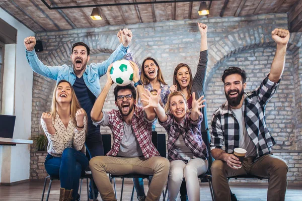 Happy Friends Football Fans Watching Soccer Celebrating Victory Friendship Sport — Stock Photo, Image