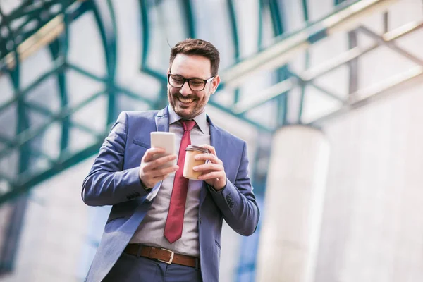 Businessman Using Mobile Phone Drink Coffee Office Building Background — Stock Photo, Image