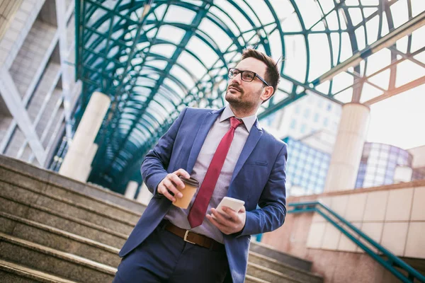 Businessman Using Mobile Phone Drink Coffee Office Building Background — Stock Photo, Image