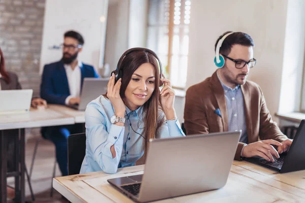 Portrait Happy Smiling Female Customer Support Phone Operator Workplace — Stock Photo, Image