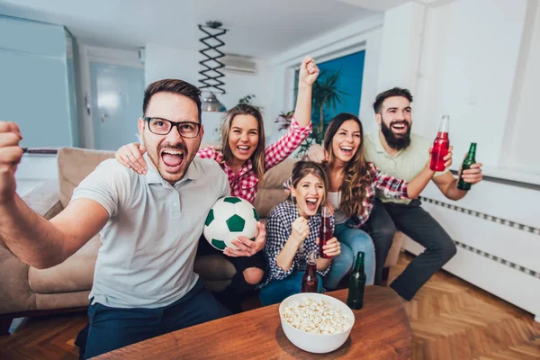 Happy Friends Football Fans Watching Soccer Celebrating Victory Home Friendship — Stock Photo, Image