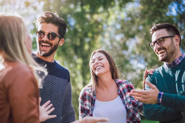 Eine Gruppe Junger Leute Geht Durch Den Park Freunde Haben — Stockfoto