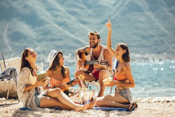 Unge venner som har det gøy på stranden på en solrik dag. – stockfoto