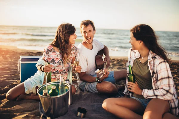 Prietenii se distrează pe plajă într-o zi însorită . — Fotografie, imagine de stoc