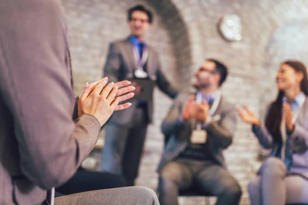 Successful business team is clapping their hands in modern offic — Stock Photo, Image