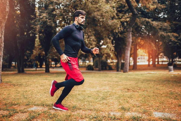 Genç adam sabah parkta koşuyor.