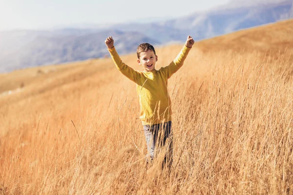 Precioso chico rubio en un suéter amarillo divirtiéndose en un paseo por el campo — Foto de Stock