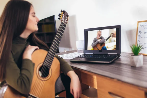 Focused Girl Playing Acoustic Guitar Watching Online Course Laptop While — Stock Photo, Image