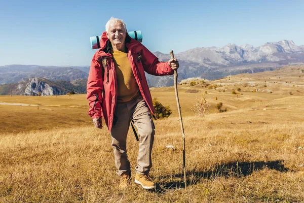 Homem Sênior Caminhada Através Belas Paisagens Outono — Fotografia de Stock