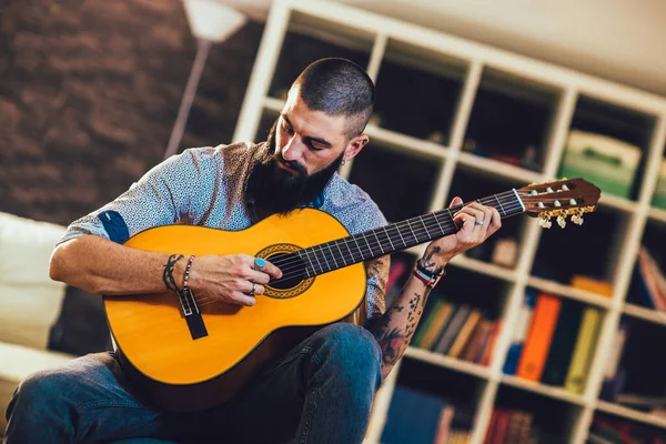 Handsome Young Bearded Man Wearing Shirt Playing Classical Guitar — Stock Photo, Image