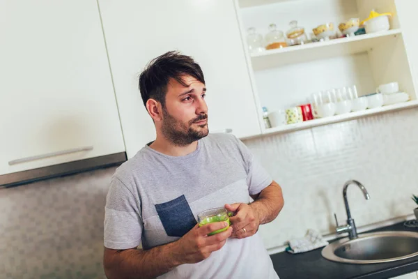 Handsome Man Kitchen Drinking Coffee Morning — Stock Photo, Image