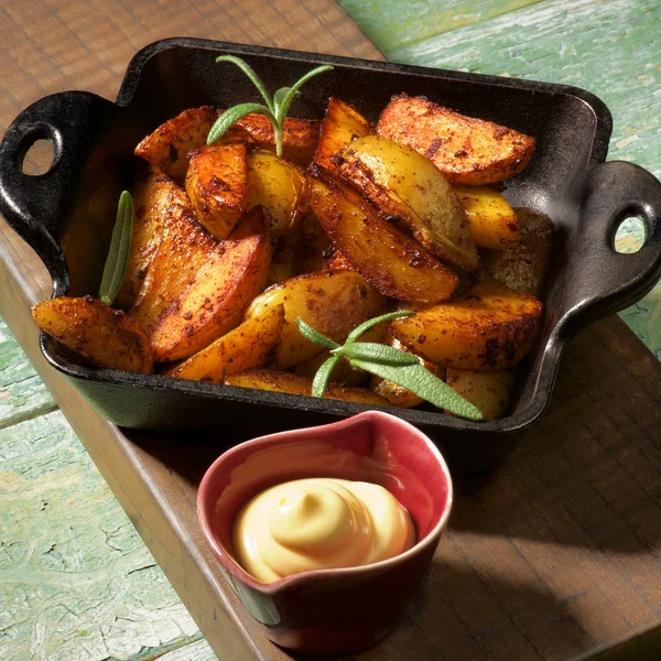 Potato Wedges and Cheese Sauce — Stock Photo, Image