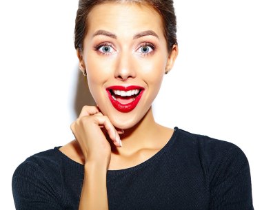 beautiful happy cute sexy brunette woman in casual black dress with red lips on white background clipart
