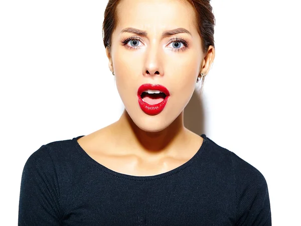 Beautiful happy cute sexy brunette woman in casual black dress with red lips on white background — Stock Photo, Image