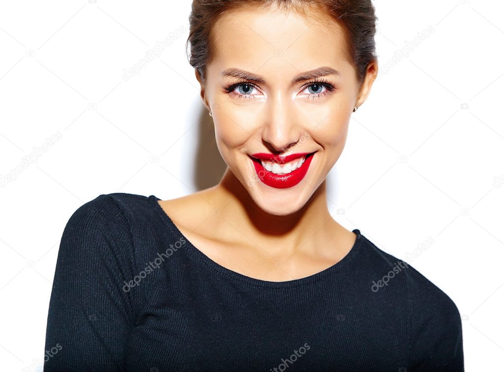 beautiful happy cute sexy brunette woman in casual black dress with red lips on white background