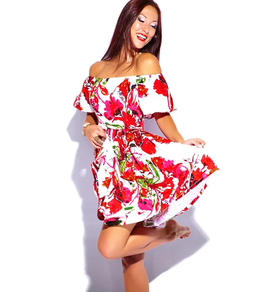 Brunette woman in bright summer dress — Stock Photo, Image