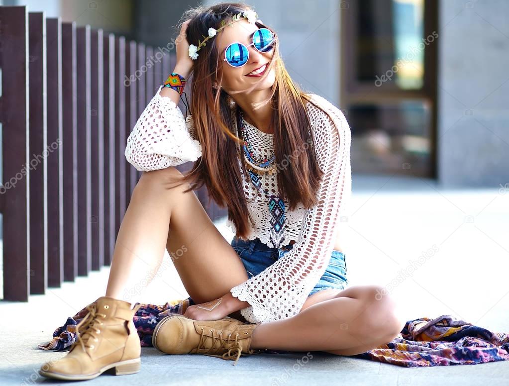 sexy smiling beautiful young hippie woman model in summer  hipster clothes