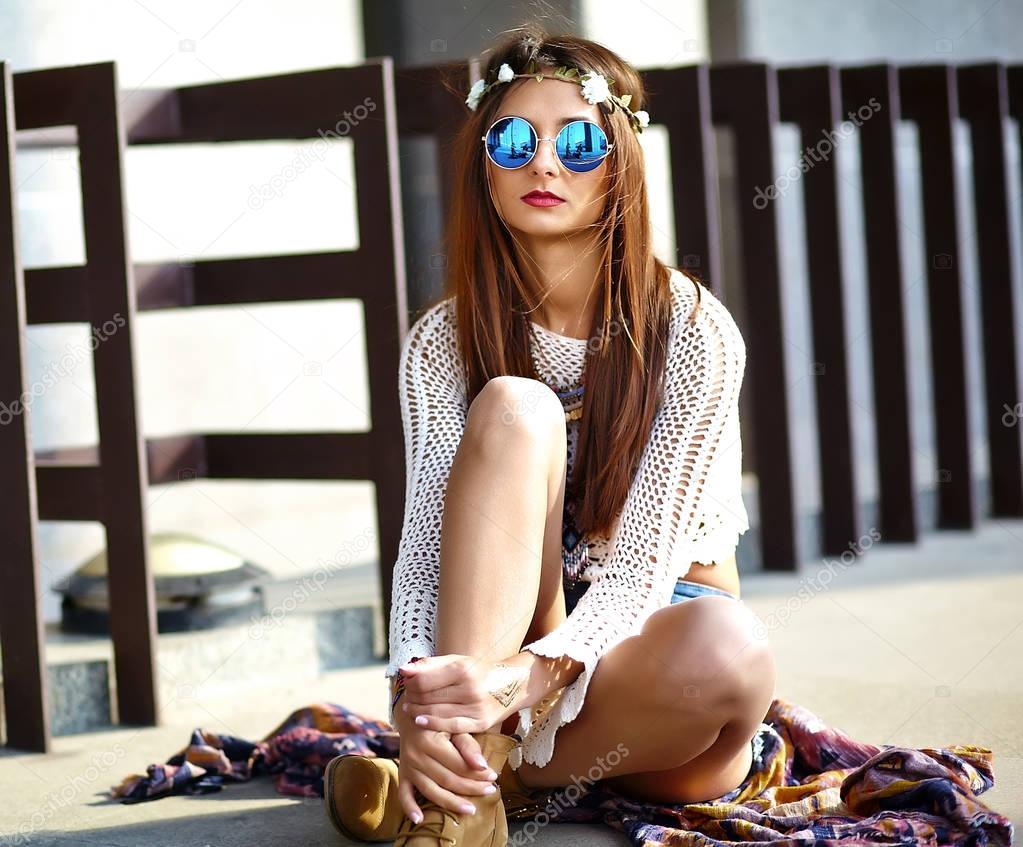 sexy smiling beautiful young hippie woman model in summer  hipster clothes