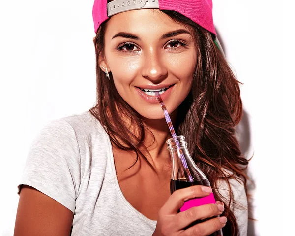 Model in rnb style clothes with pink colorful baseball cap — Stock Photo, Image