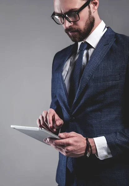 Handsome fashion businessman  model dressed in elegant blue suit — Stock Photo, Image