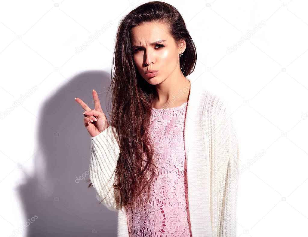 beautiful caucasian hipster model in summer clothes in studio