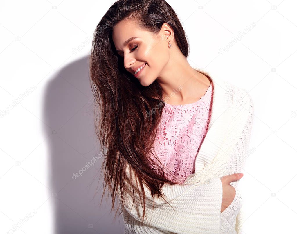 beautiful caucasian hipster model in summer clothes in studio