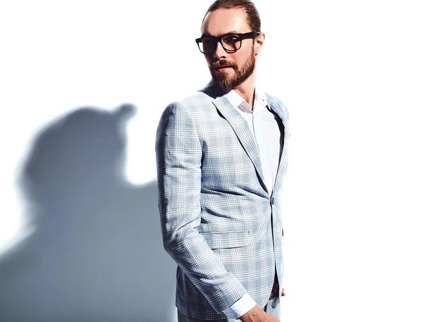 Portrait of handsome fashion stylish hipster businessman model dressed in elegant light blue suit  isolated on white — Stock Photo, Image